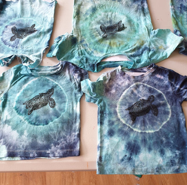 Hand dyed and hand stamped Under the Sea (turtle) Tshirt
