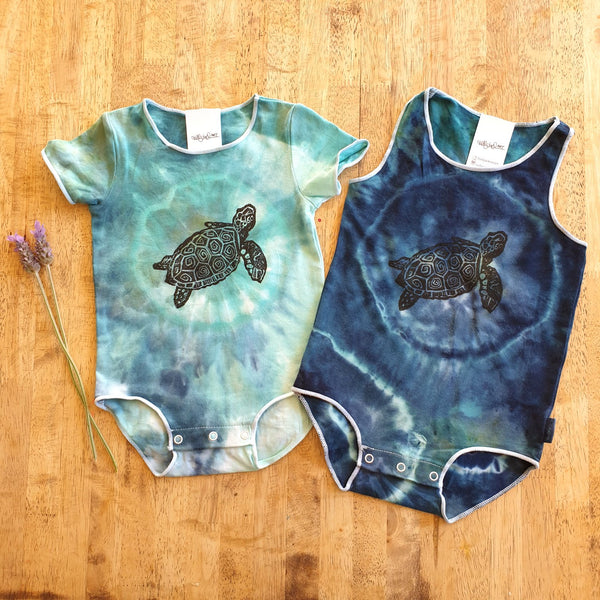 Hand dyed and hand stamped Under the Sea (turtle) Onesie