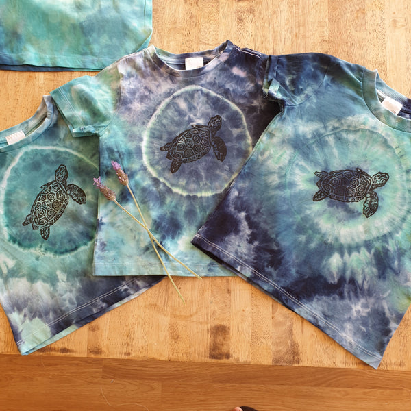 Hand dyed and hand stamped Under the Sea (turtle) Tshirt