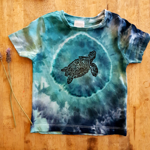 Hand dyed and hand stamped Under the Sea (turtle) Tshirt