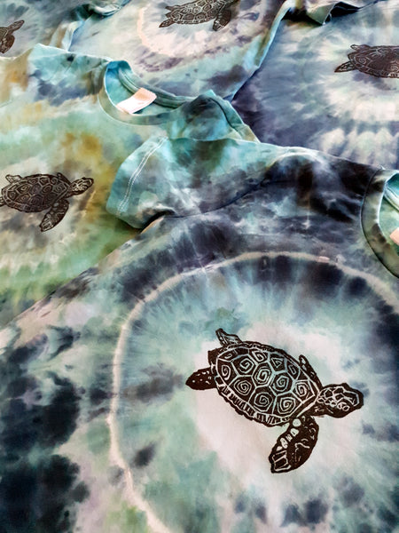Hand dyed and hand stamped Under the Sea (turtle) Tshirt