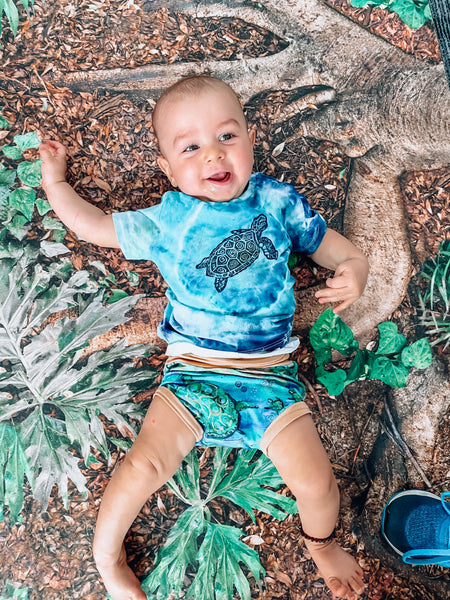 Hand dyed and hand stamped Under the Sea (turtle) Tshirt