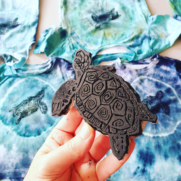 Hand dyed and hand stamped Under the Sea (turtle) Tshirt