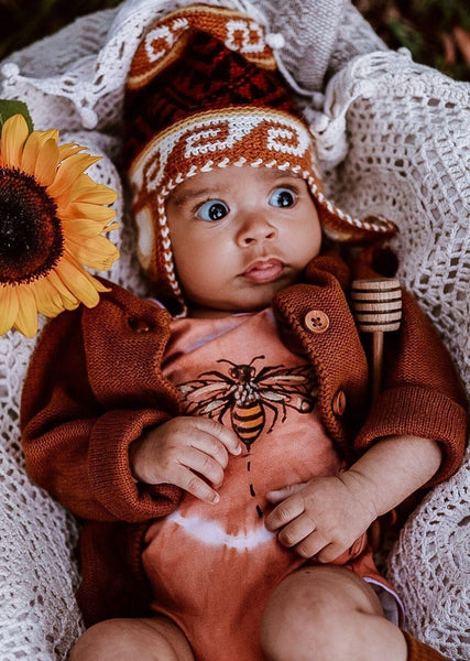 Hand painted, hand dyed Beez Kneez Onesie